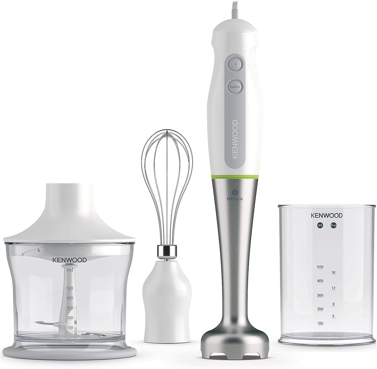 KENWOOD 600W Hand Blender with Chopper, Beaker, Whisk, Stainless Steel Wand HDP109WG