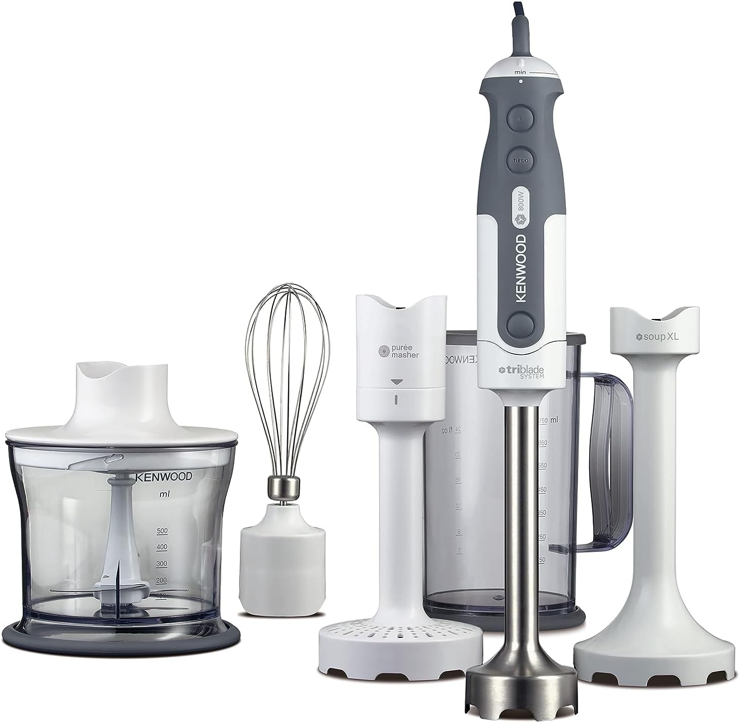 KENWOOD 800W Hand Blender Chopper, Beaker, Whisk, Puree/Masher, Stainless Steel Wand HDP406