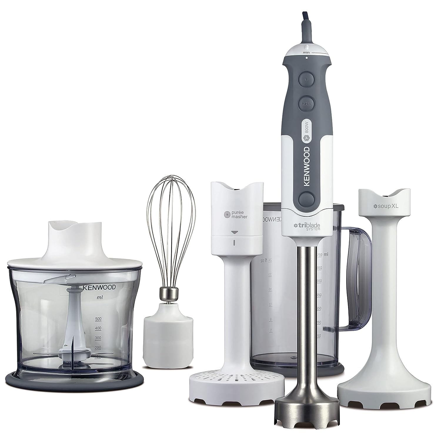 KENWOOD 800W Hand Blender Chopper, Beaker, Whisk, Puree/Masher, Stainless Steel Wand HDP406